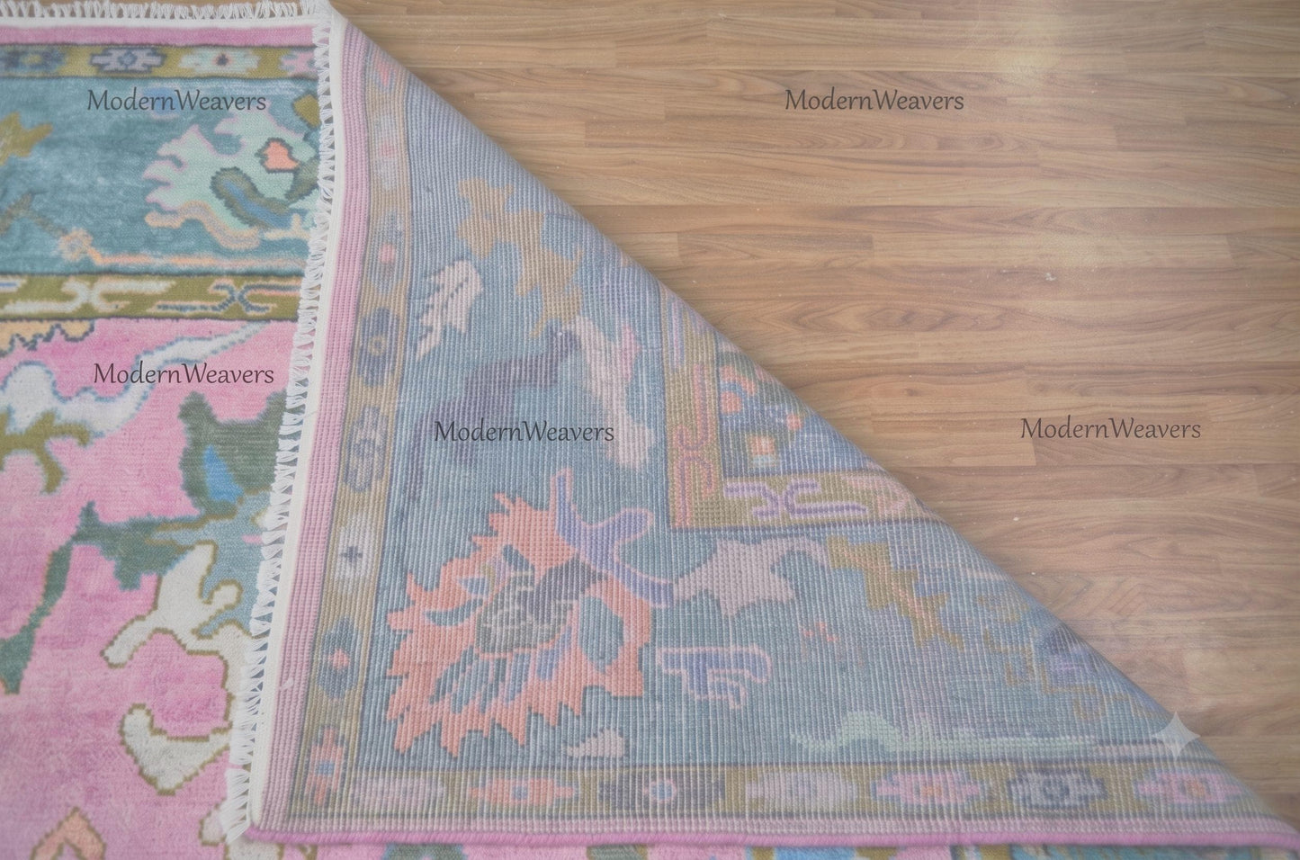 Hand-Knotted Wool Oushak Rug, Pastel Pink Teal Transitional Living Room Carpet