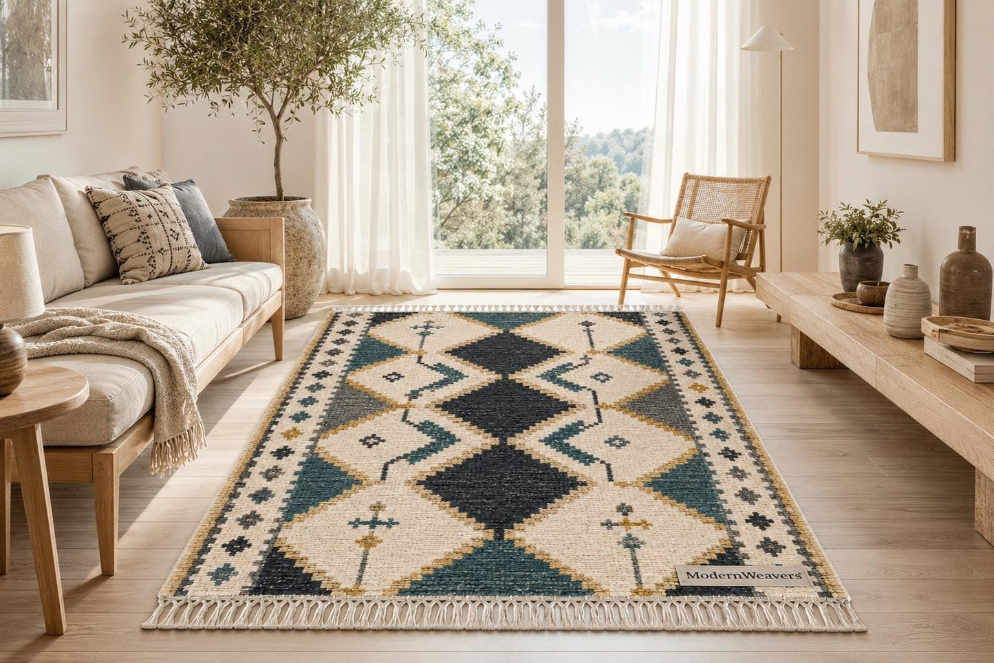 Hand Knotted Moroccan Rug | Teal Blue Mustard Diamond Tribal Carpet