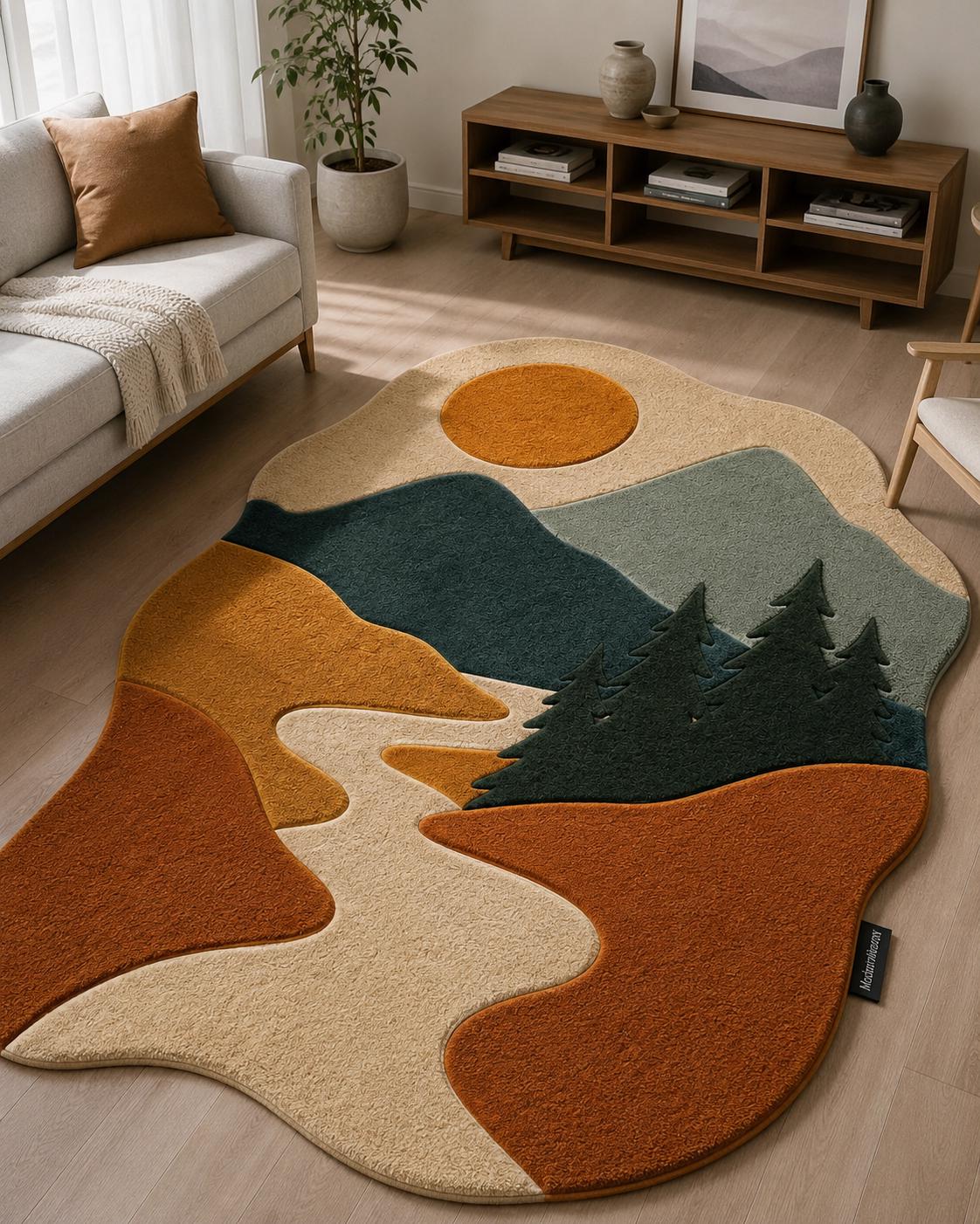 Mountain Landscape Hand Tufted Rug | Nature Inspired Boho Area Rug | Forest & River 3D Textured Carpet | Earth Tone Modern Nursery Decor