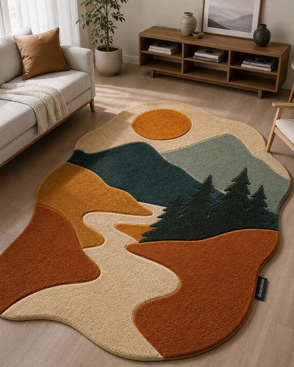 Mountain Landscape Hand Tufted Rug | Nature Inspired Boho Area Rug | Forest & River 3D Textured Carpet | Earth Tone Modern Nursery Decor
