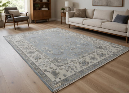 Hand Knotted Oushak Rug | Light Blue Ivory Wool Carpet 9x12