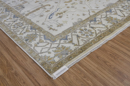 Hand Knotted Oushak Style Area Rug | Cream, Soft Blue, and Muted Gold Geometric Rug | Neutral Modern Farmhouse Wool Rug