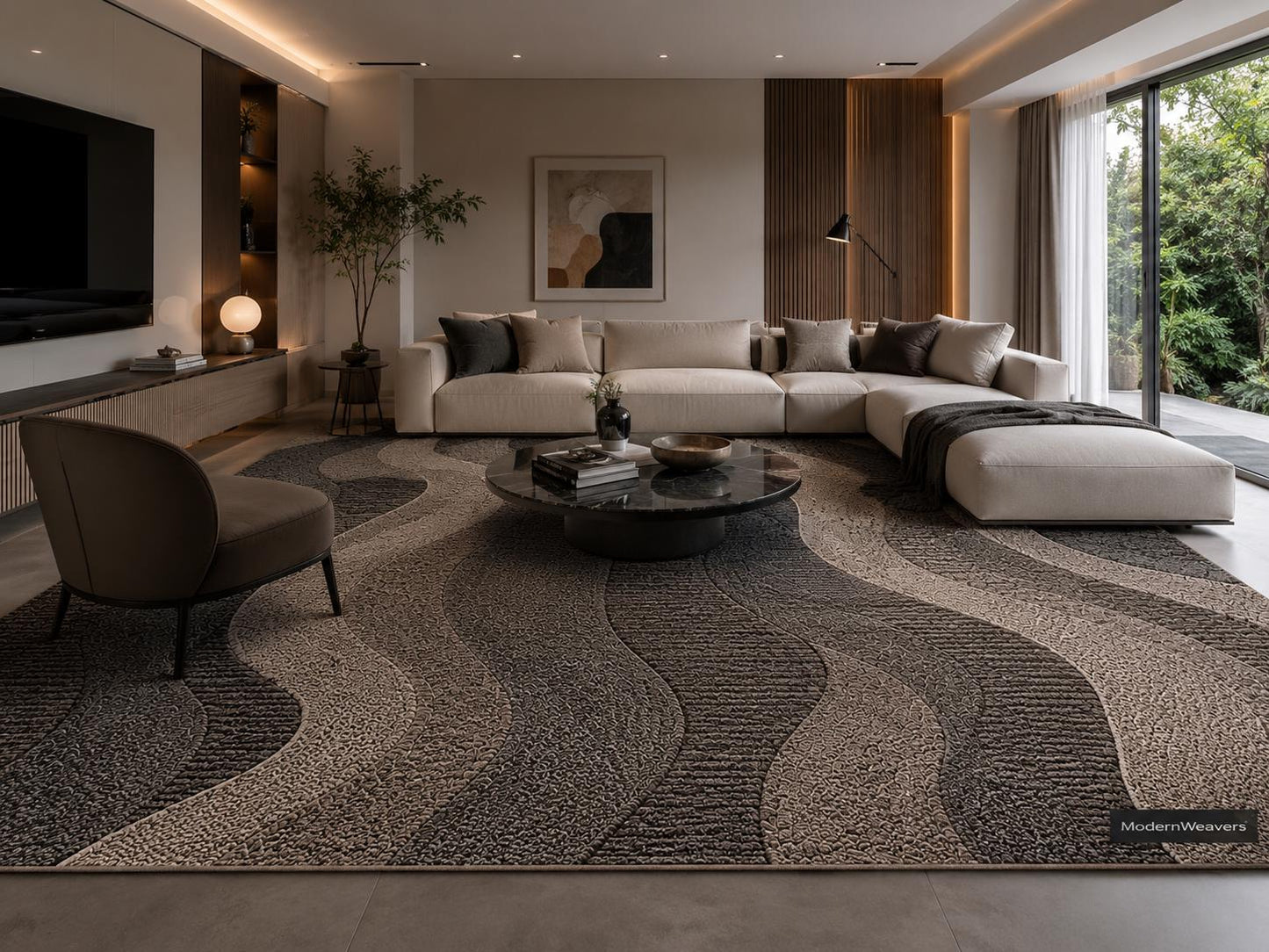 Modern Wavy Abstract Hand-Tufted Wool Rug | Dark Charcoal & Taupe Luxury Area Rug
