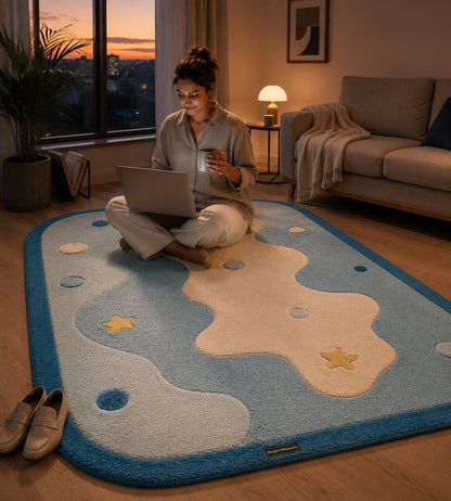 Hand Tufted Cloud Stars Nursery Rug | Pastel Blue Playroom Carpet, Kids Floor Art