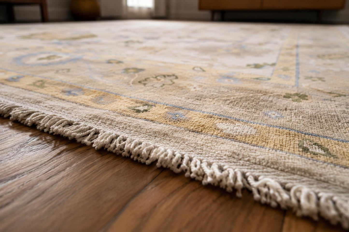 Elegant Hand-Knotted Ivory Area Rug | Soft Floral Vine Motif in Sage Green & Muted Blue | Premium Carpet for Living Room or Bedroom