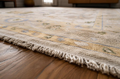 Elegant Hand-Knotted Ivory Area Rug | Soft Floral Vine Motif in Sage Green & Muted Blue | Premium Carpet for Living Room or Bedroom