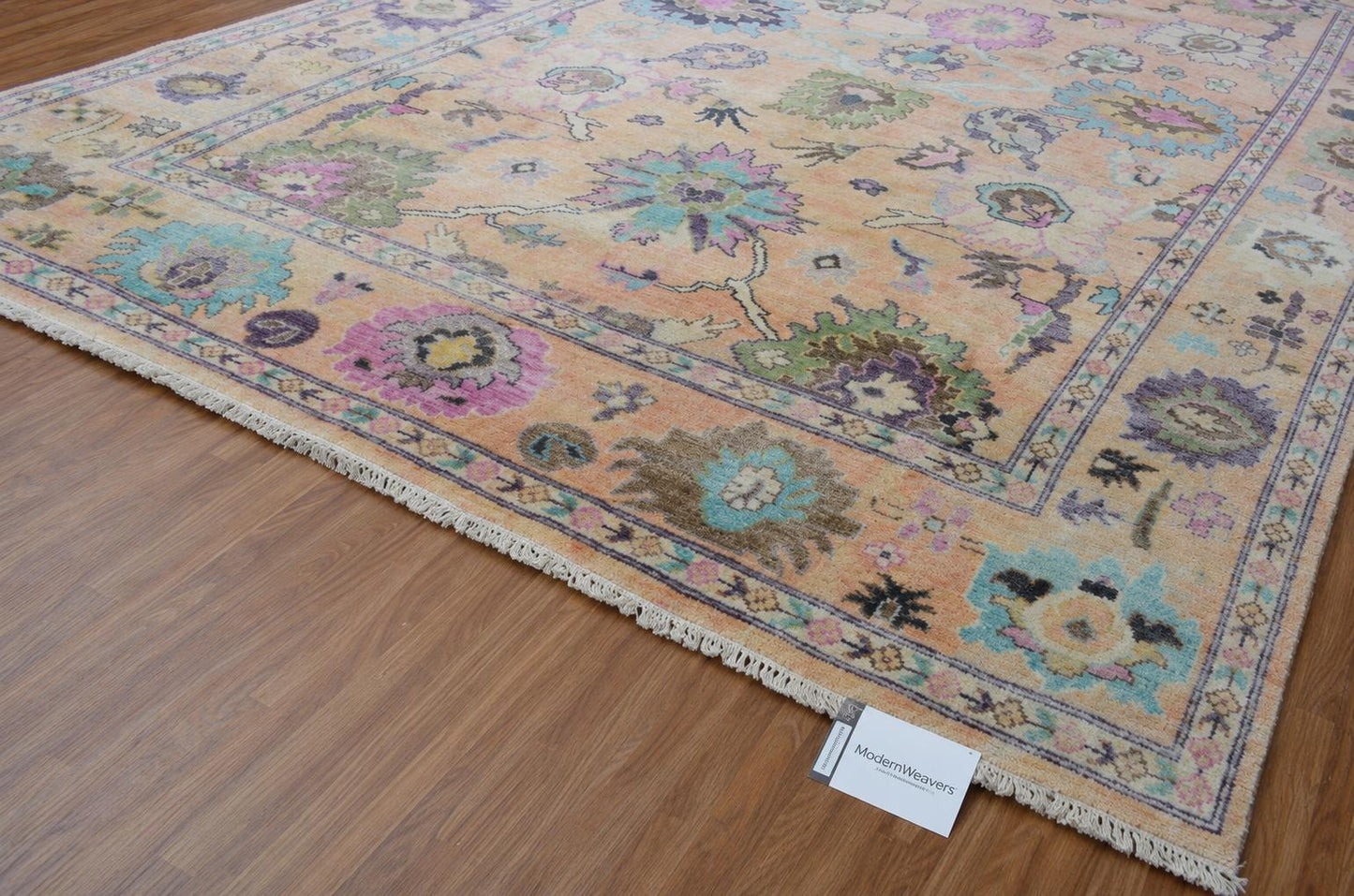 Pastel Peach Hand Knotted Rug | Large Floral Turkish Oushak Carpet | Muted Lavender and Green Accent Rug | Wool Area Rug