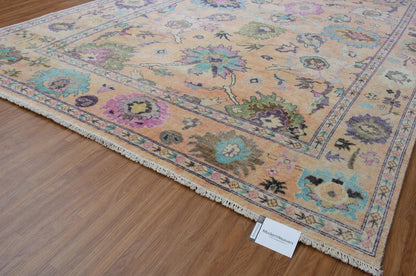 Pastel Peach Hand Knotted Rug | Large Floral Turkish Oushak Carpet | Muted Lavender and Green Accent Rug | Wool Area Rug
