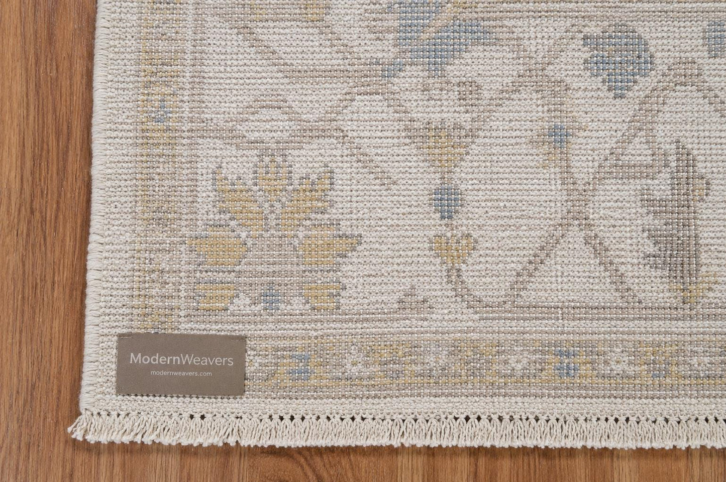 Hand Knotted Oushak Style Area Rug | Cream, Soft Blue, and Muted Gold Geometric Rug | Neutral Modern Farmhouse Wool Rug