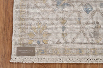 Hand Knotted Oushak Style Area Rug | Cream, Soft Blue, and Muted Gold Geometric Rug | Neutral Modern Farmhouse Wool Rug