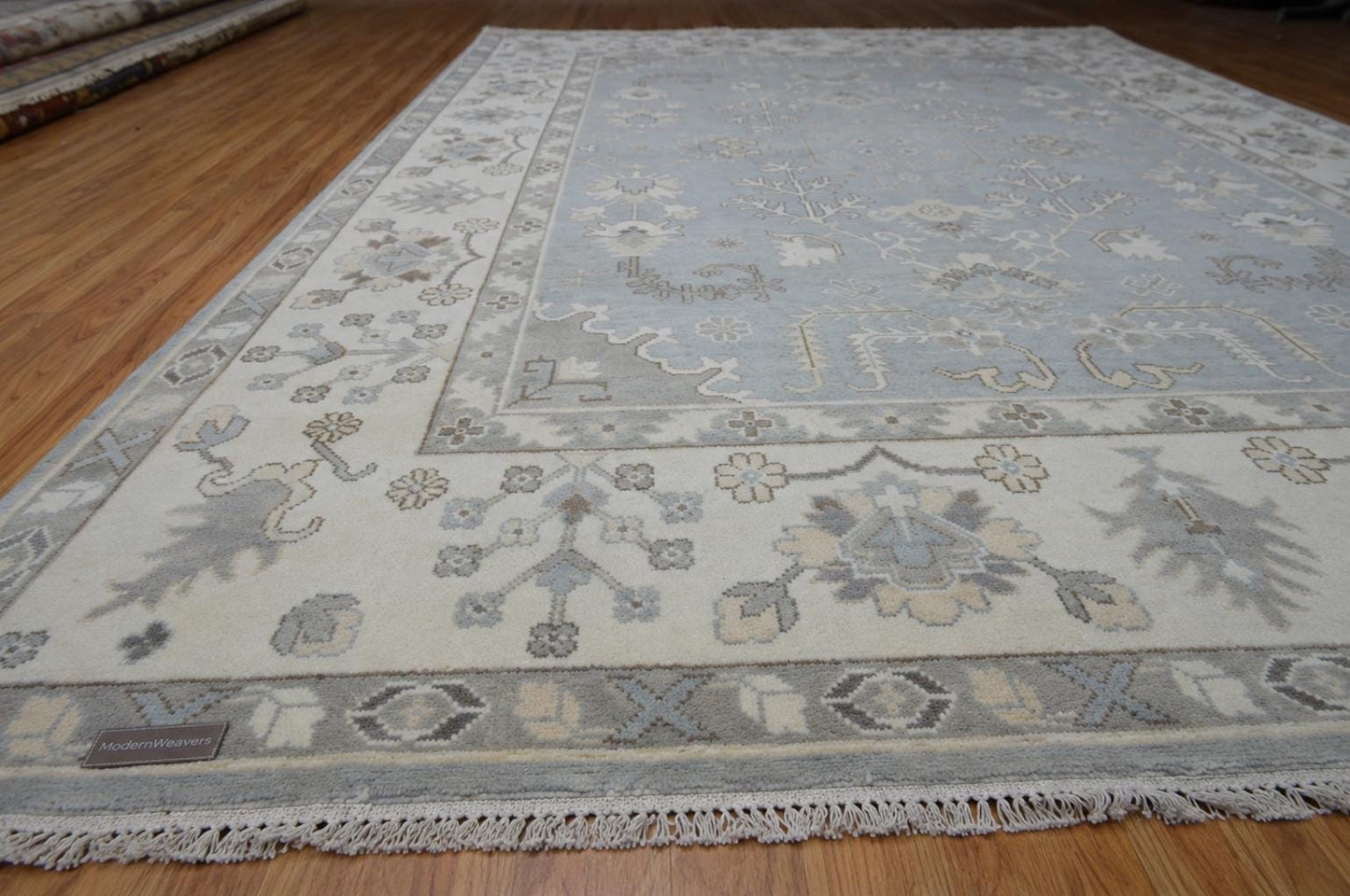 Hand Knotted Oushak Rug | Light Blue Ivory Wool Carpet 9x12