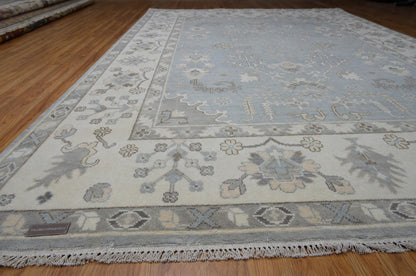 Hand Knotted Oushak Rug | Light Blue Ivory Wool Carpet 9x12