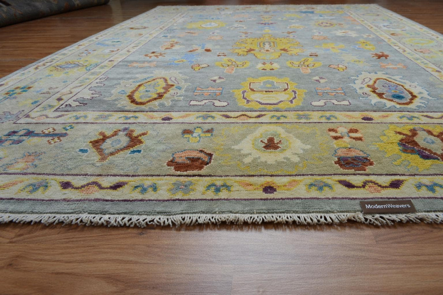 Hand Knotted Oushak Rug | Light Blue & Yellow Floral Geometric Area Rug | Muted Pastel Traditional Wool Carpet for Living Room, Bedroom