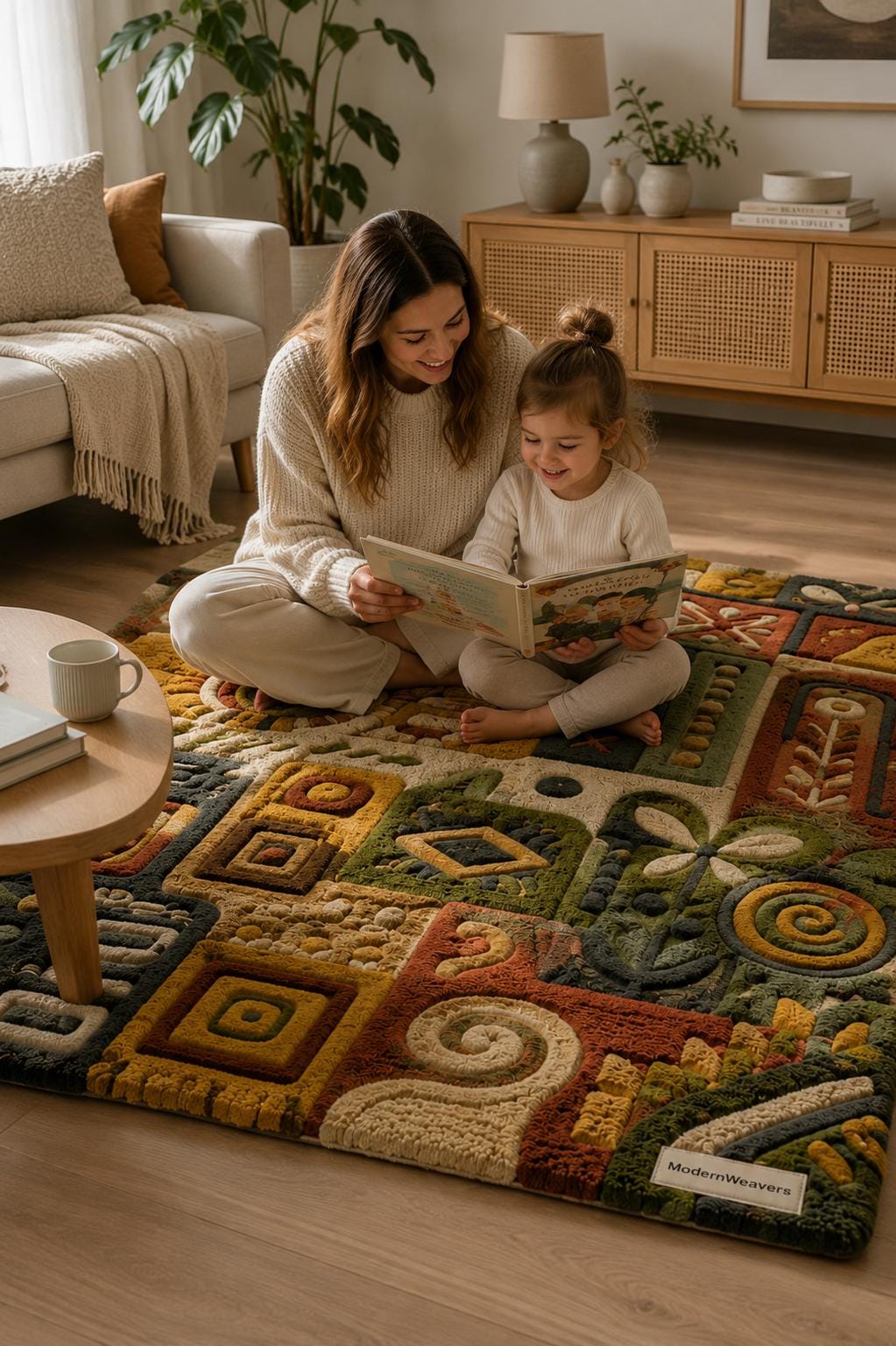 3D Carved Patchwork Rug | Earth Tone Folk Art Tufted Carpet | Boho Geometric Floor Art