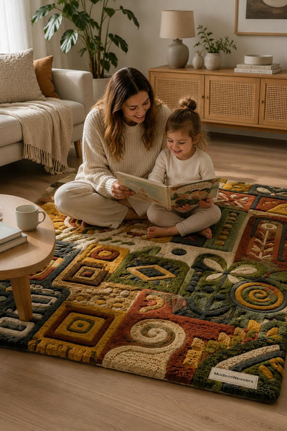 3D Carved Patchwork Rug | Earth Tone Folk Art Tufted Carpet | Boho Geometric Floor Art