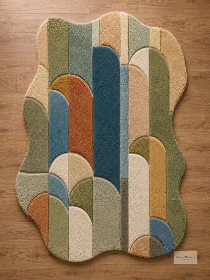 Organic Shape Hand Tufted Rug | Mid-Century Modern Geometric Arch Design | Colorful Retro Carved Area Rug | Abstract Bauhaus Carpet