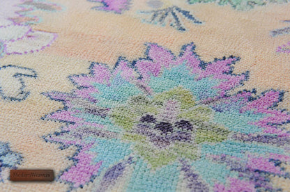 Pastel Peach Hand Knotted Rug | Large Floral Turkish Oushak Carpet | Muted Lavender and Green Accent Rug | Wool Area Rug