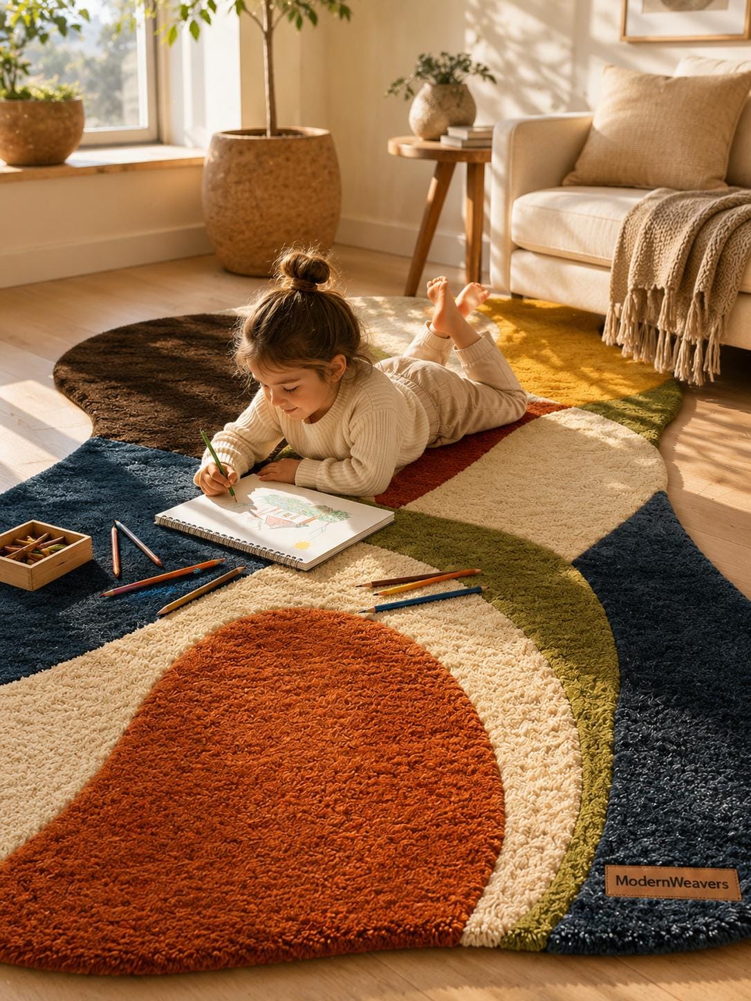 Abstract Wavy Tufted Rug | Retro 70s Colorful Carpet, Mid Century Modern Floor Art