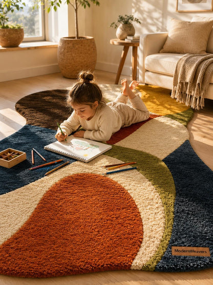 Abstract Wavy Tufted Rug | Retro 70s Colorful Carpet, Mid Century Modern Floor Art