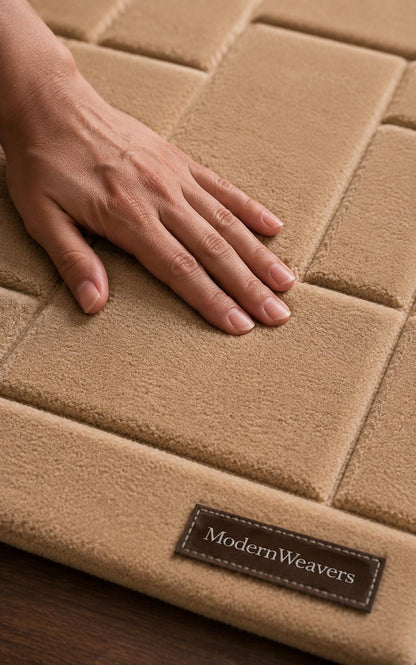 Modern Geometric Block Rug | Minimalist Tan Area Carpet | 3D Sculpted Grid Pattern | Architectural Hand Tufted Floor Art