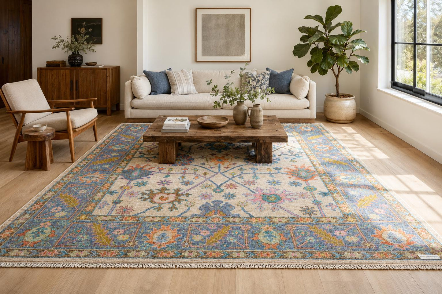 Hand-Knotted Floral Area Rug | Cream & Slate Blue Transitional Rug with Vibrant Geometric Accents | Living Room Bedroom Room Carpet