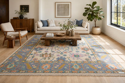Hand-Knotted Floral Area Rug | Cream & Slate Blue Transitional Rug with Vibrant Geometric Accents | Living Room Bedroom Room Carpet
