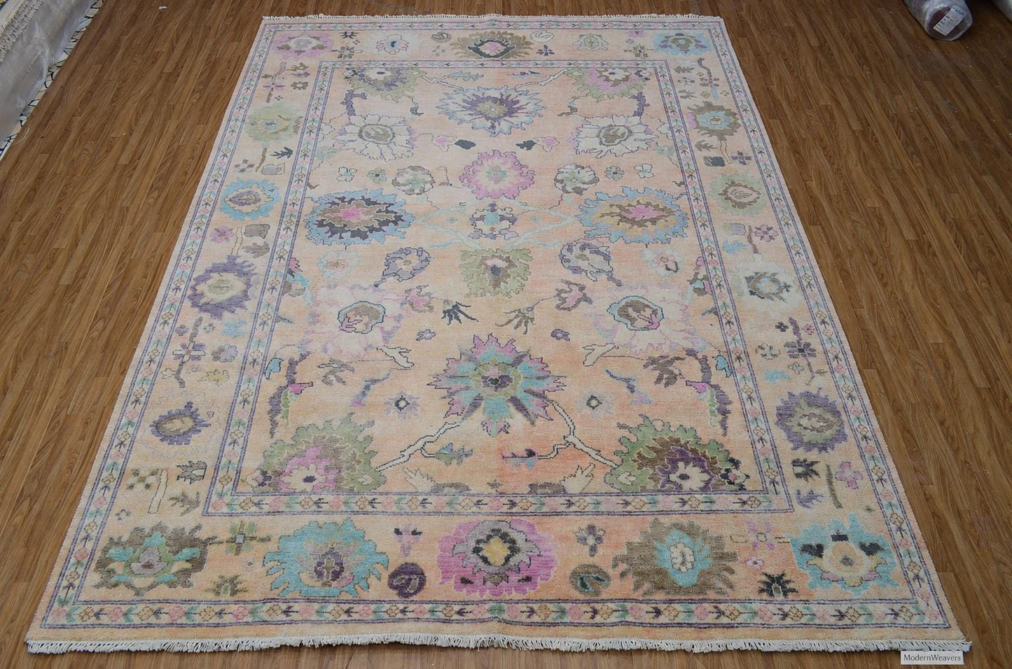 Pastel Peach Hand Knotted Rug | Large Floral Turkish Oushak Carpet | Muted Lavender and Green Accent Rug | Wool Area Rug