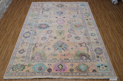 Pastel Peach Hand Knotted Rug | Large Floral Turkish Oushak Carpet | Muted Lavender and Green Accent Rug | Wool Area Rug