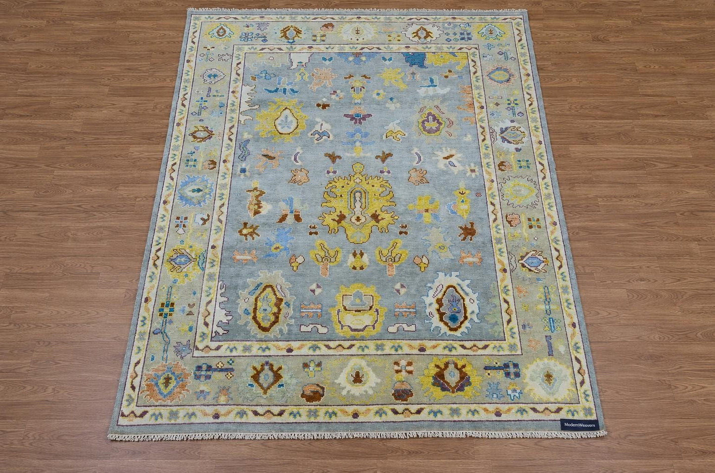 Modern Oushak Rug, Hand Knotted Wool Area Rug, Light Blue and Beige Turkish Style Geometric Floral Rug, 9x12 Area Rug for Living Room