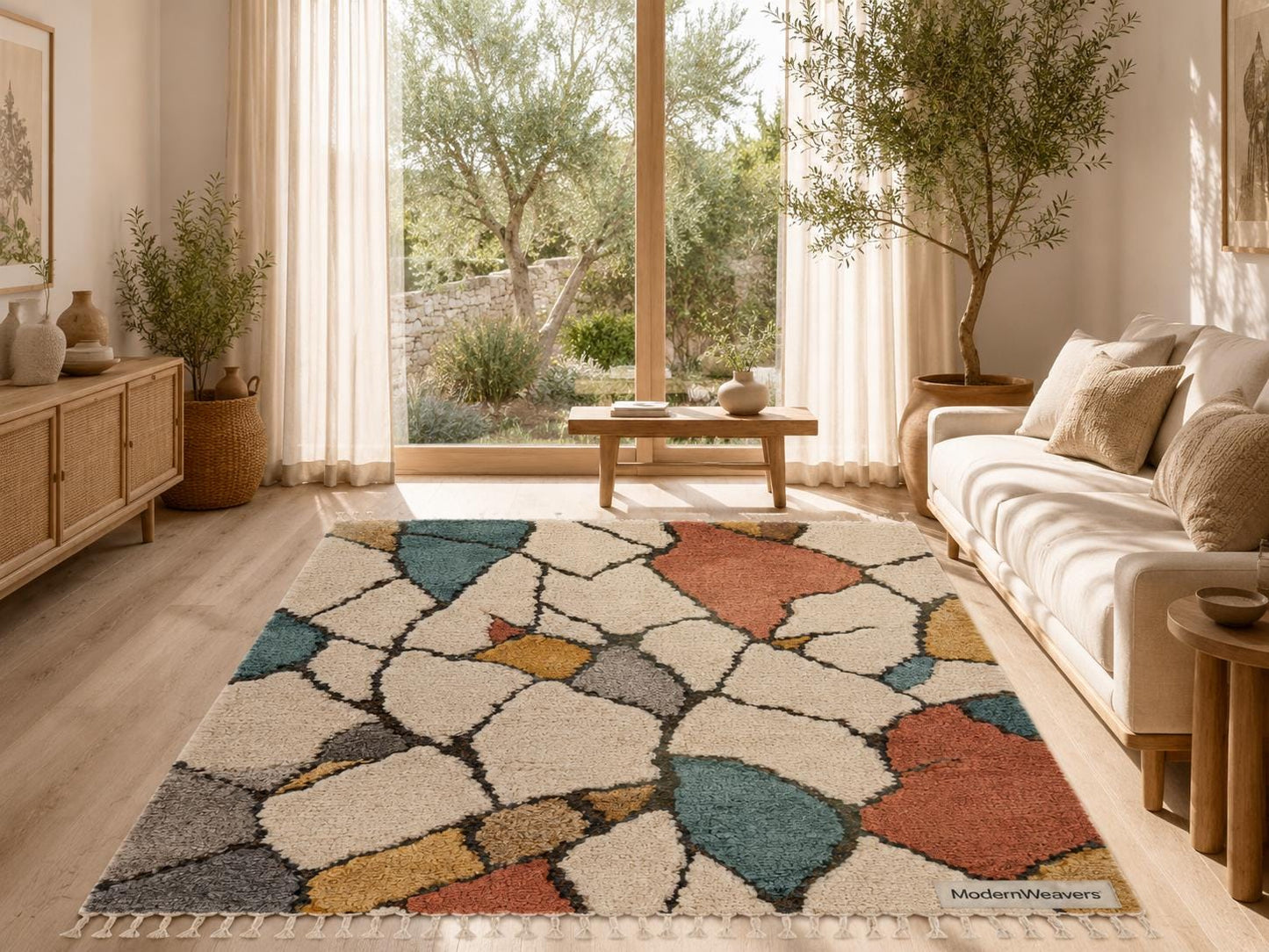 Abstract Moroccan Hand-Knotted Wool Rug | Stained-Glass Boho Carpet, Teal Rust Mustard
