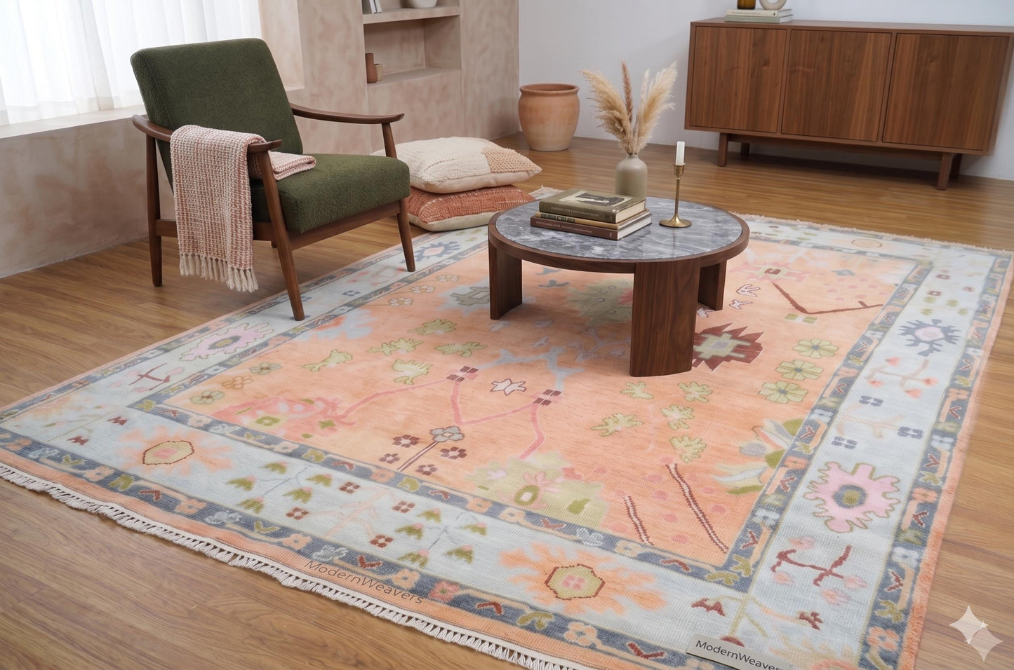 ModernWeavers Hand-Knotted Wool Area Rug | 8x10 Peach & Pastel Blue Tribal Oushak Style Carpet | Natural Wool Artisan Rug for Living Room