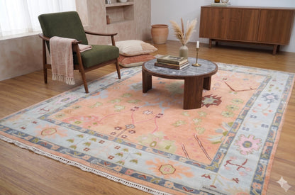 ModernWeavers Hand-Knotted Wool Area Rug | 8x10 Peach & Pastel Blue Tribal Oushak Style Carpet | Natural Wool Artisan Rug for Living Room
