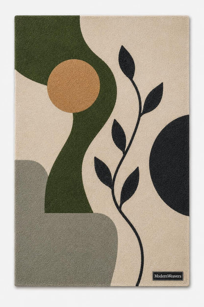 Mid-Century Modern Abstract Botanical Rug | Hand-Tufted Organic Shape Area Rug | Minimalist Leaf Design Carpet for Living Room & Bedroom