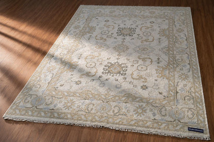 Hand-Knotted Oushak Style Rug | Pastel Ivory, Light Blue, Beige Floral Geometric Living Room Decor