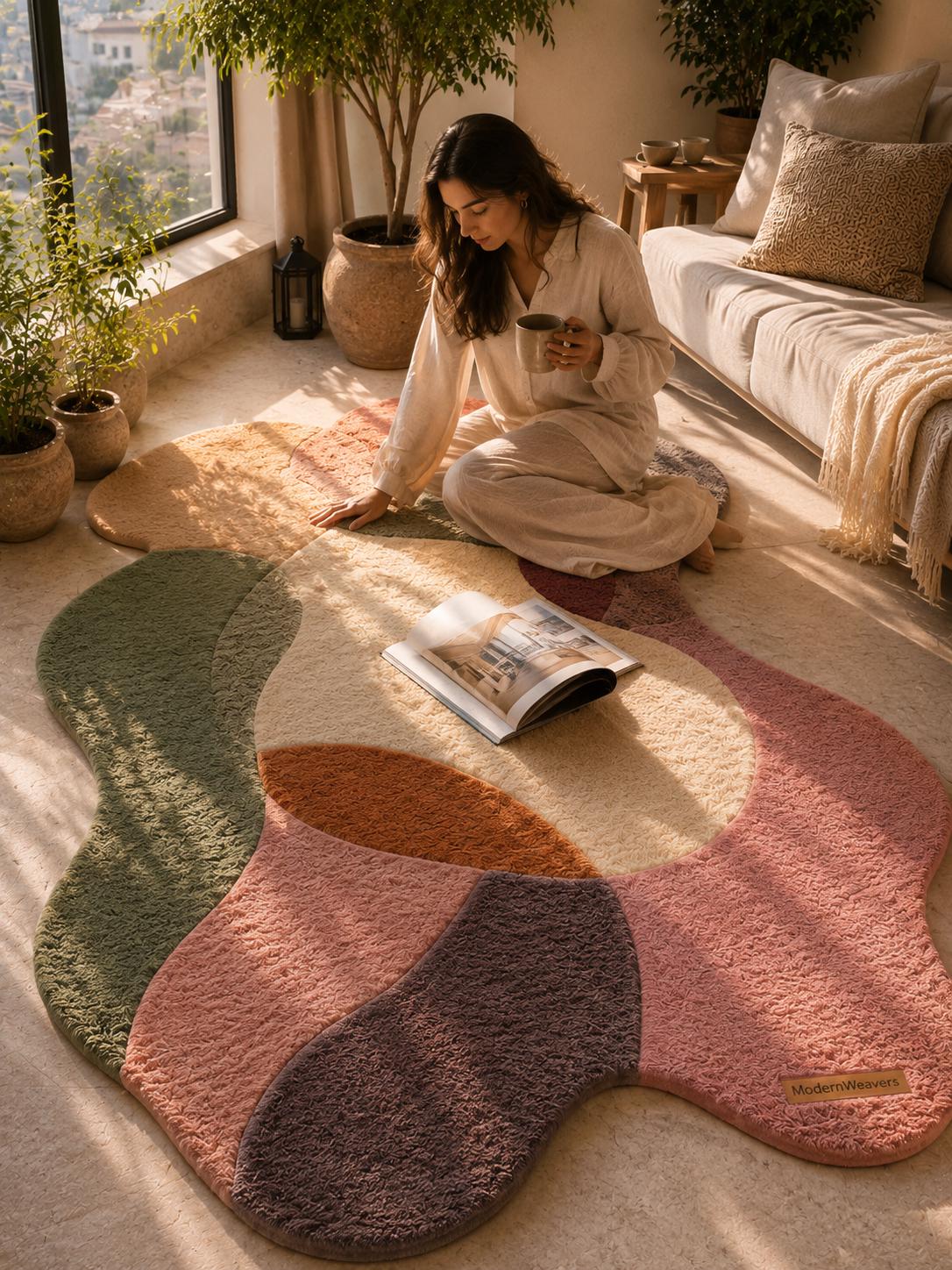 Abstract Organic Shape Tufted Rug | Wavy Edge Boho Carpet, Muted Earth Tones