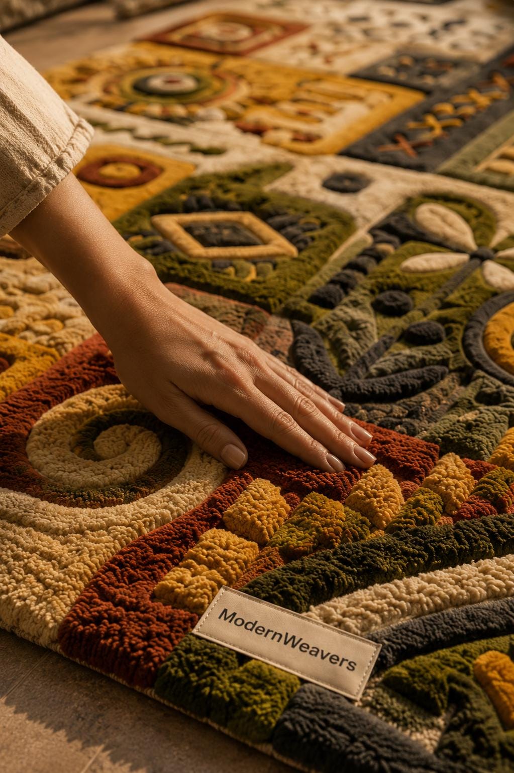 3D Carved Patchwork Rug | Earth Tone Folk Art Tufted Carpet | Boho Geometric Floor Art