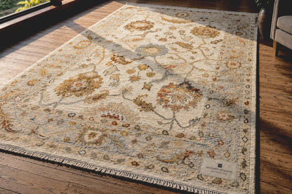 Hand-Knotted Transitional Oushak Style Area Rug | Ivory, Muted Gold & Soft Blue Floral Motif