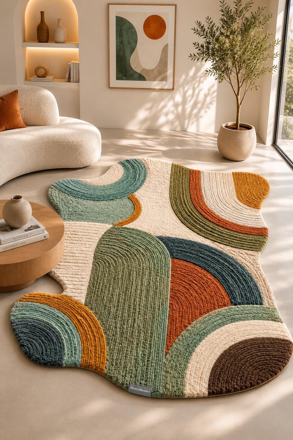 Organic Shape Hand Tufted Rug | Textured Geometric Arch Design | Earth Tone Ribbed Carpet | Mid-Century Modern Abstract Boho Area Rug