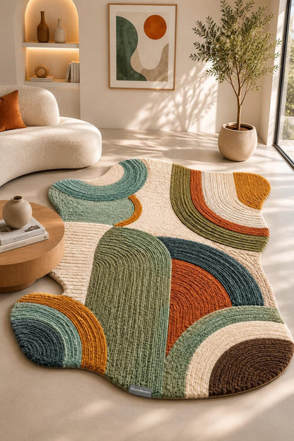 Organic Shape Hand Tufted Rug | Textured Geometric Arch Design | Earth Tone Ribbed Carpet | Mid-Century Modern Abstract Boho Area Rug