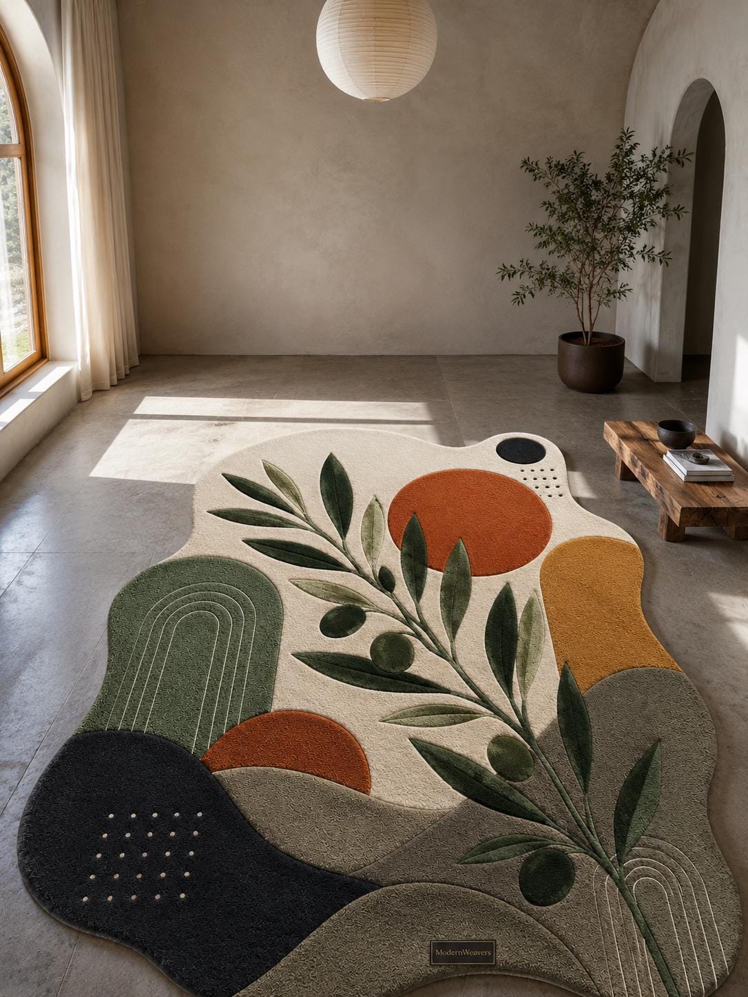 Abstract Olive Branch Hand Tufted Rug | Mid Century Modern Botanical Area Rug | Terracotta & Green Boho Room Decor | Irregular Shaped Carpet