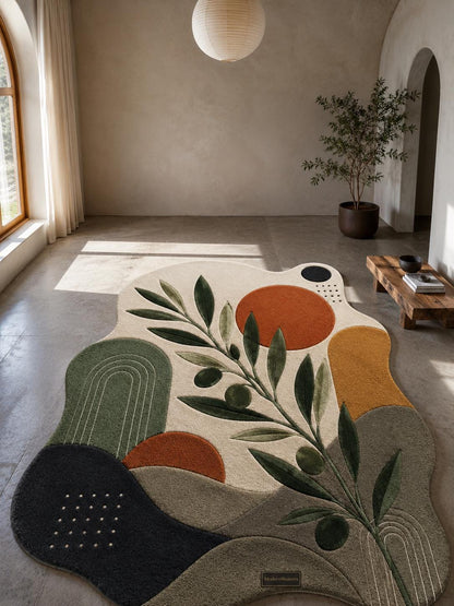 Abstract Olive Branch Hand Tufted Rug | Mid Century Modern Botanical Area Rug | Terracotta & Green Boho Room Decor | Irregular Shaped Carpet