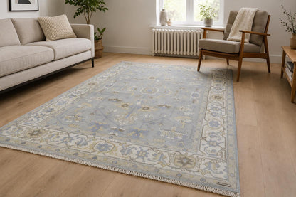 9x12 Hand Knotted Wool Area Rug | Pastel Blue, Lavender & Tan Oushak Design | Large Bedroom or Dining Room Carpet