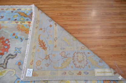 Hand Knotted 8x10 Oushak Rug | Grey and Light Blue Floral Wool Area Rug | Artisanal ModernWeavers Carpet | Living Room Decor