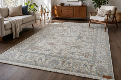 Hand-Knotted Oushak Area Rug | Cream, Light Blue, and Taupe Geometric Pattern | ModernWeavers Wool Carpet for Living Room or Bedroom