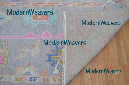 Hand Knotted Wool Rug, 8x10 Pastel Oushak Carpet, Gray Mint Green Living Room Rug