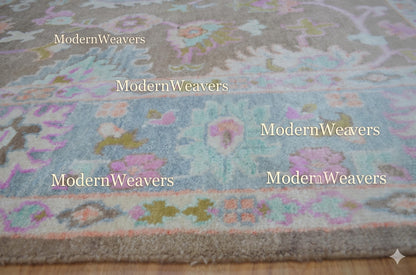 Handmade Transitional Oushak Rug | Earthy Brown with Pastel Palmettes | Luxury Hand-Knotted Wool Carpet