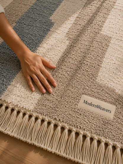 Modern Abstract Moroccan Rug | Cream, Taupe, Dusty Blue Geometric Wool Shag Carpet