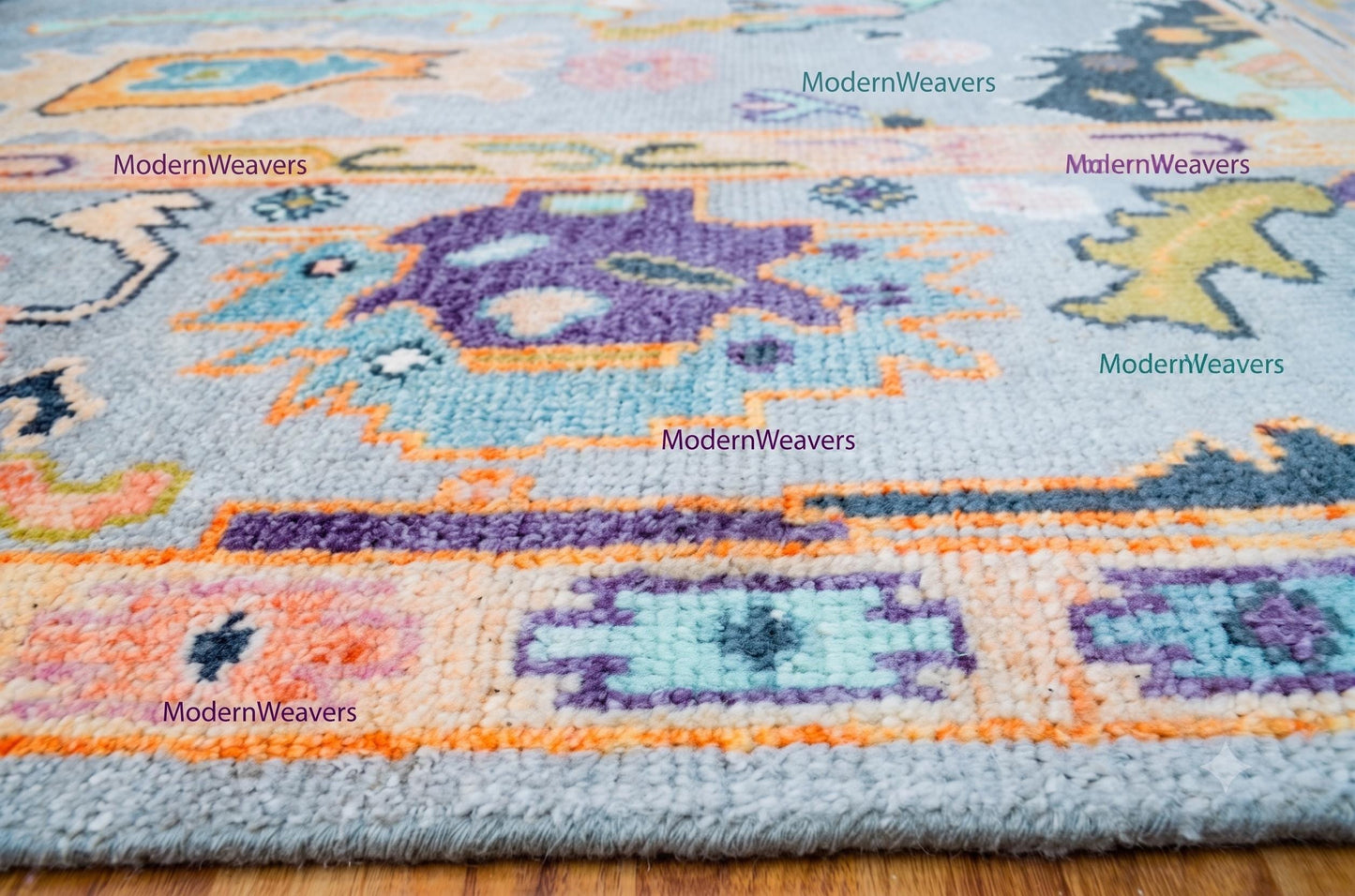 Hand-Knotted Oushak Rug 8x10, Pastel Lavender Blue Turkish Wool Carpet