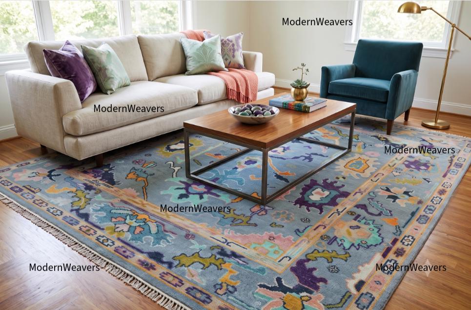 Hand-Knotted Oushak Rug 8x10, Pastel Lavender Blue Turkish Wool Carpet