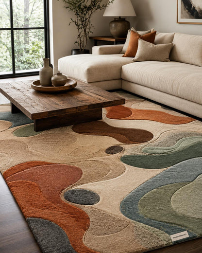 Organic Wavy Line Area Rug | Artisan Carved Tufted Carpet | Retro Earth Tones Modern Bedroom Rug | Terracotta, Sage & Slate Blue Earthy Rug